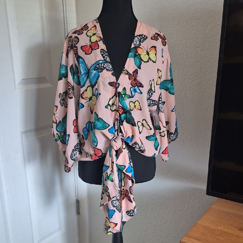 Buddy Love Pink Butterfly Tie-Front Blouse